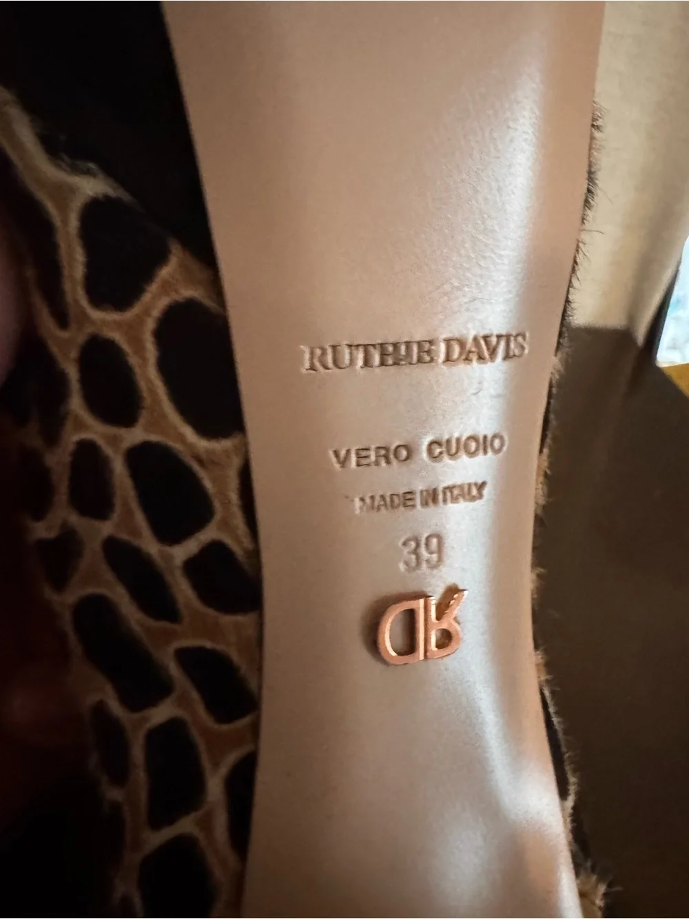 Ruthie Davis Giraffe-Print Tan and Black Peep-Toe Platform Heels